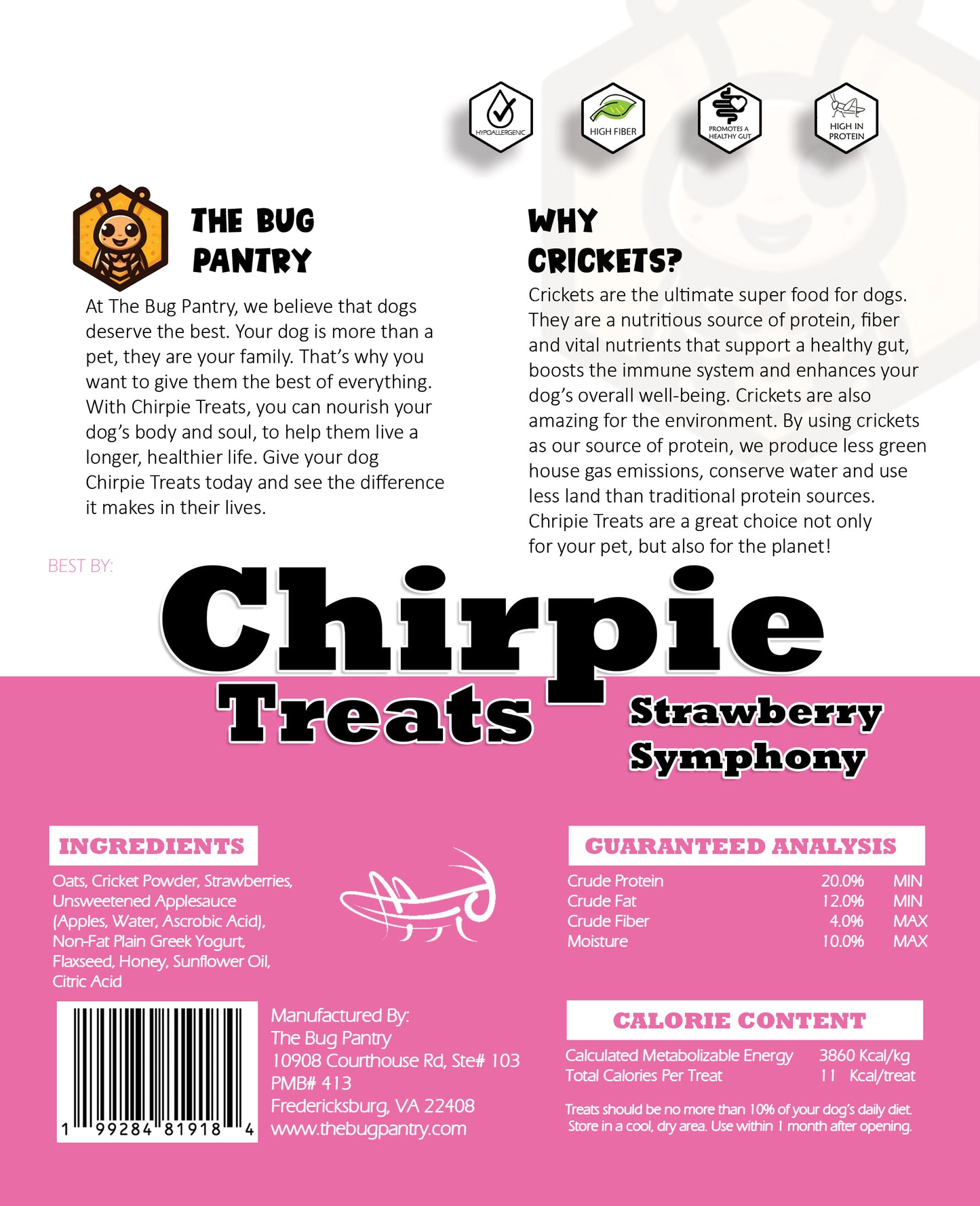 Cricket Dog Treats - High protein dog treats made with cricket protein. All-natural, sustainable dog treats. Strawberry Symphony