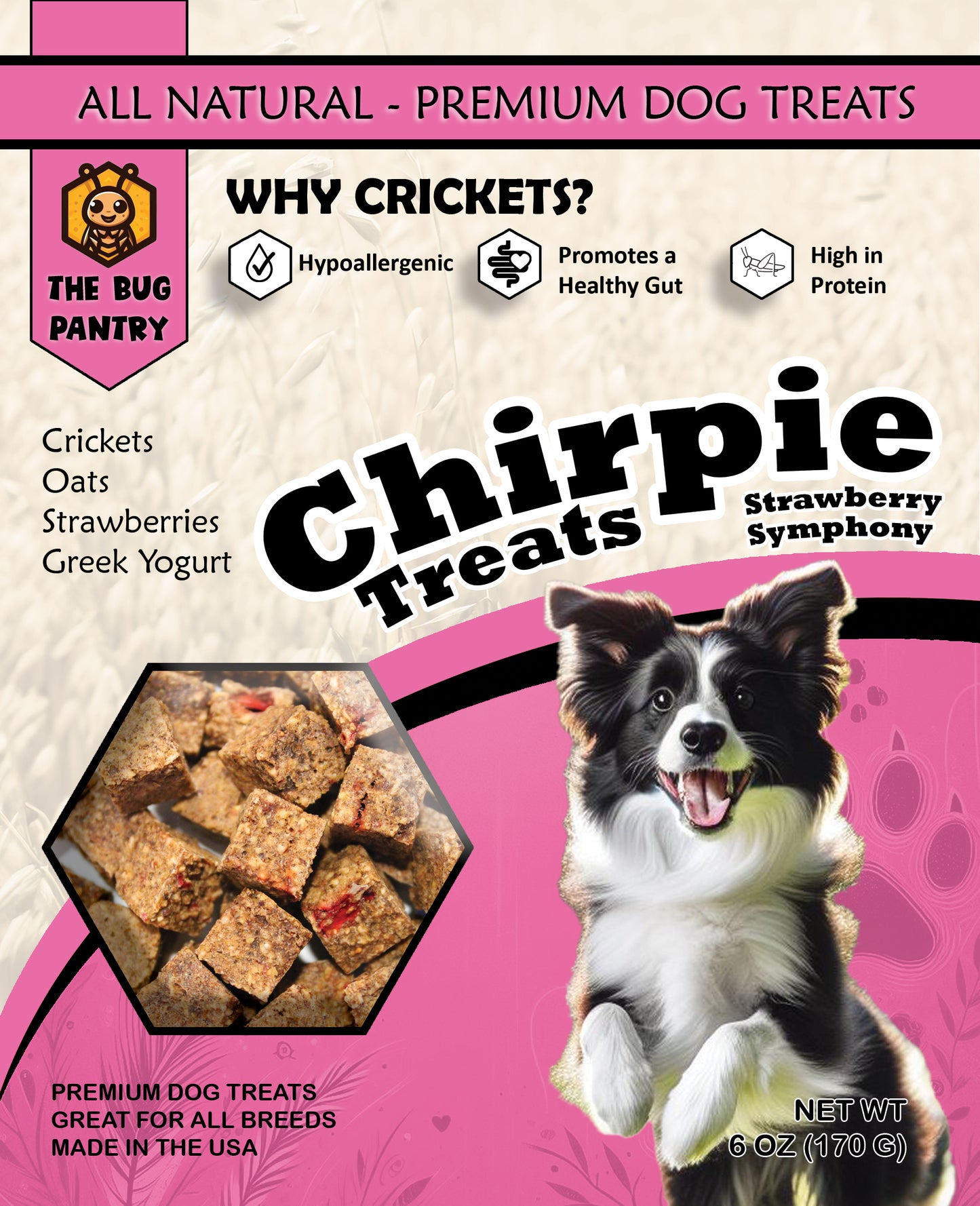 Cricket Dog Treats - High protein dog treats made with cricket protein. All-natural, sustainable dog treats. Strawberry Symphony